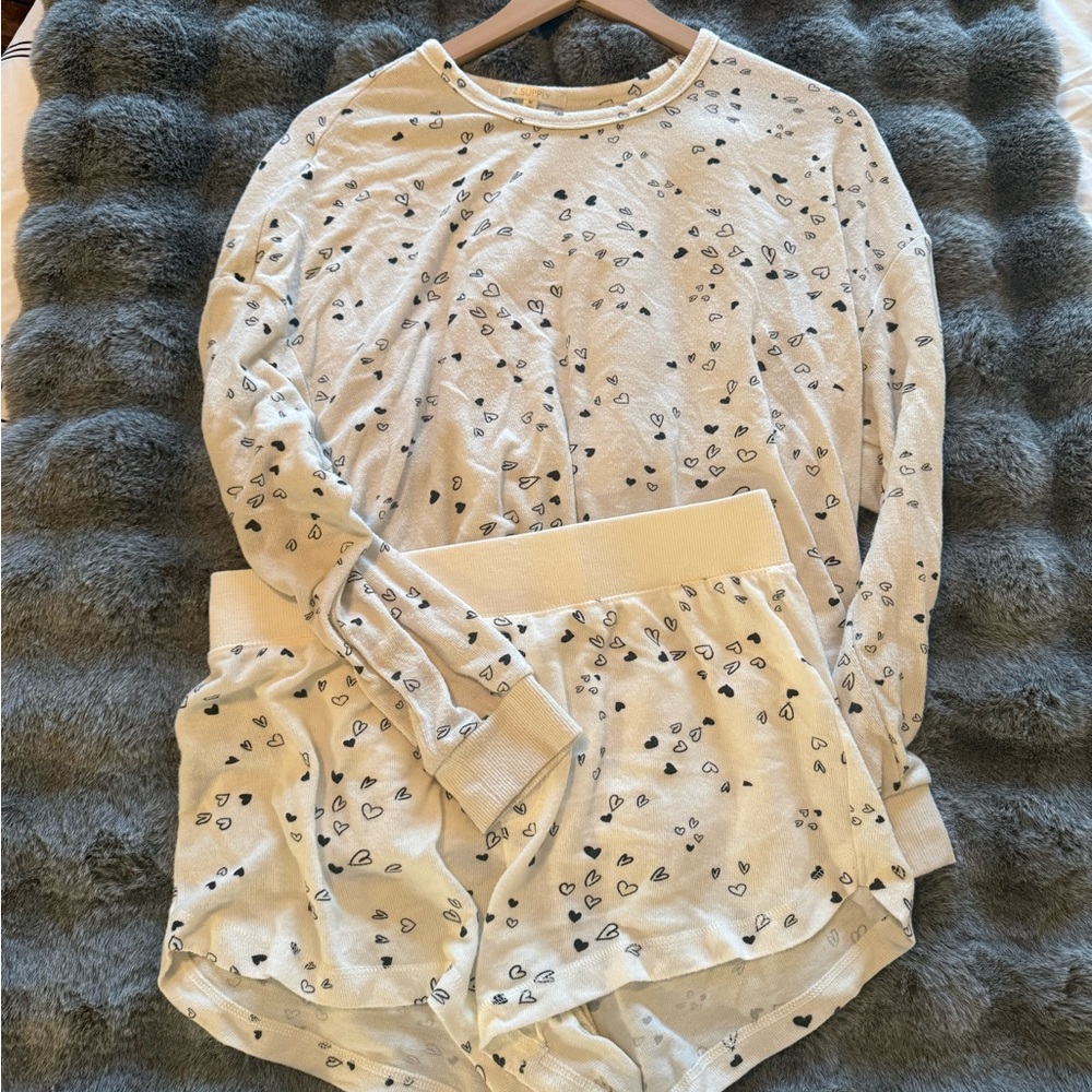 Z Supply Cream Heart Print Long Sleeve Top & Shorts Set Medium